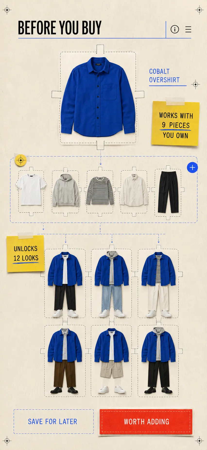 Sembra mobile screen showing how a potential cobalt overshirt works with nine pieces already owned