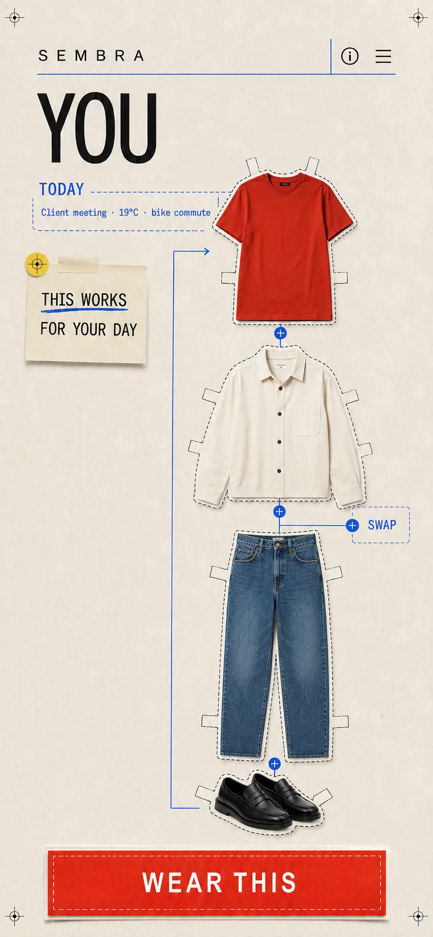 Sembra mobile screen combining a client meeting, weather, and bike commute into one personalized outfit