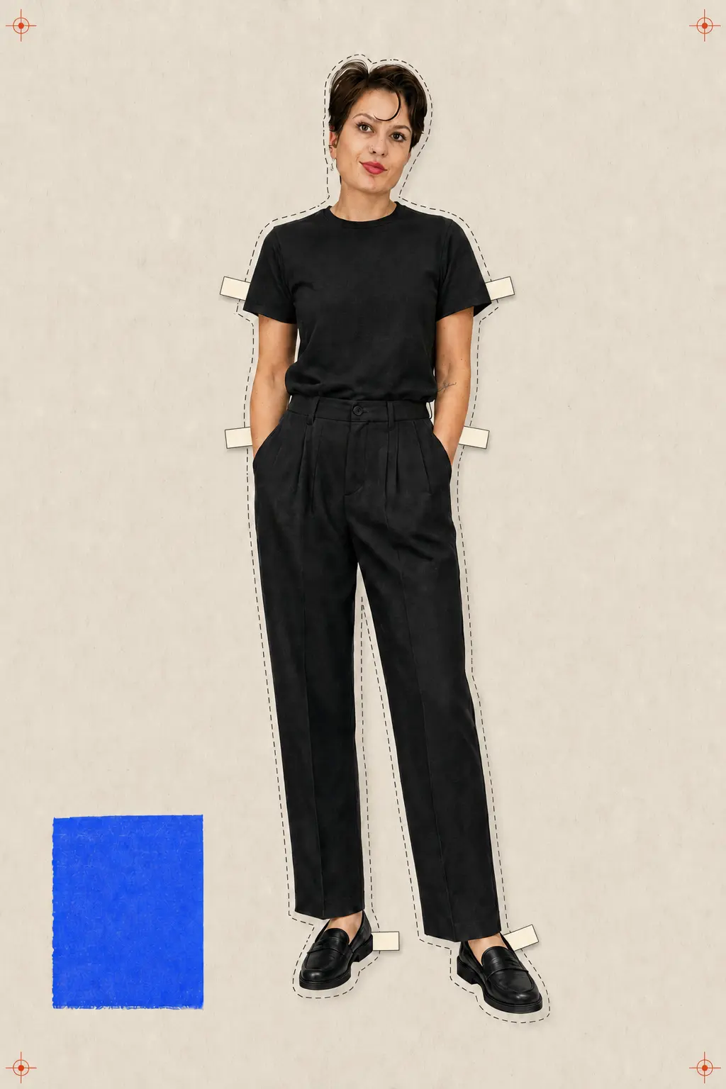 Kseniia as a full-height paper doll in her repeated black tee and black trousers
