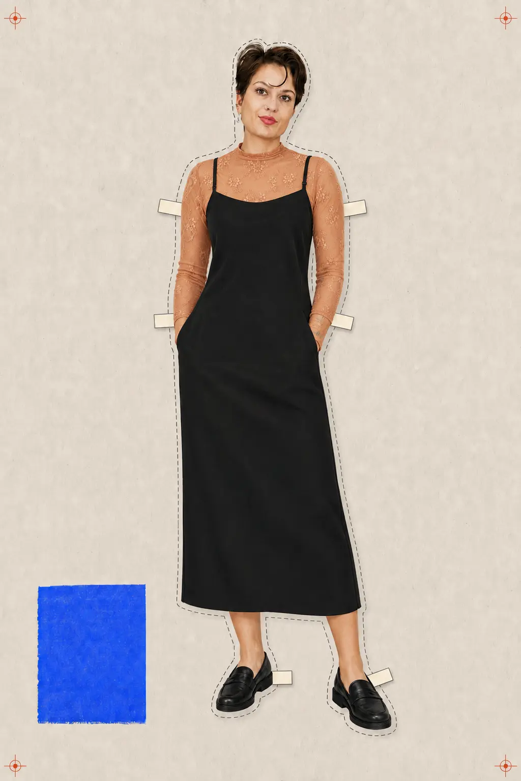 Kseniia in a warm peach lace layer and black slip dress, dressed for meetings and evening plans