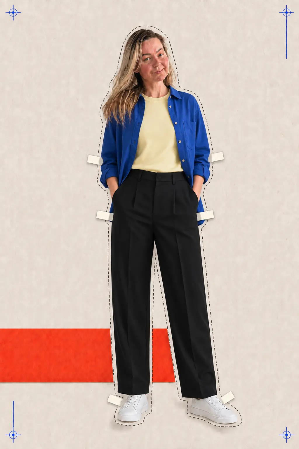 Marina in a cobalt overshirt and butter-yellow top, ready for the day