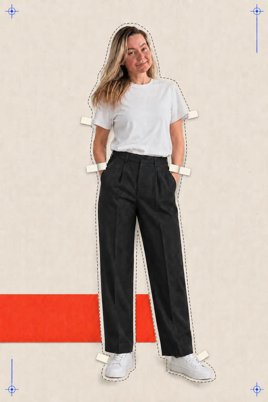 Marina as a full-height paper doll in a white tee, black trousers and white sneakers